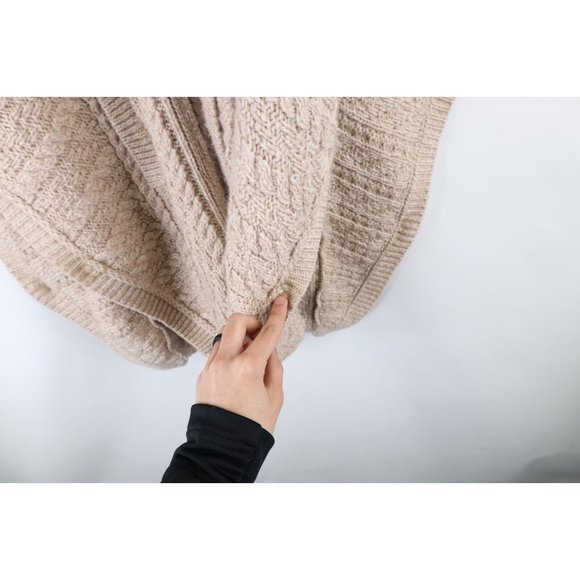 Vintage 90s Womens Small Chunky Donegal Wool Knit Fisherman Poncho Sweater Beige - Picture 4 of 9